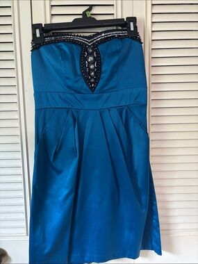 BCX Strapless Teal Blue Satin Dress with Beaded Accents